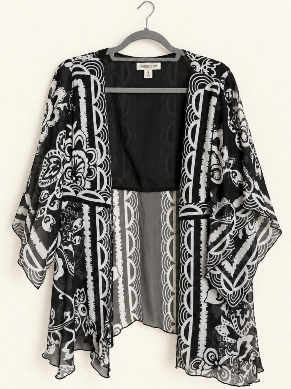 Coldwater Creek Black White Scroll Floral Sheer Open Front Kimono S